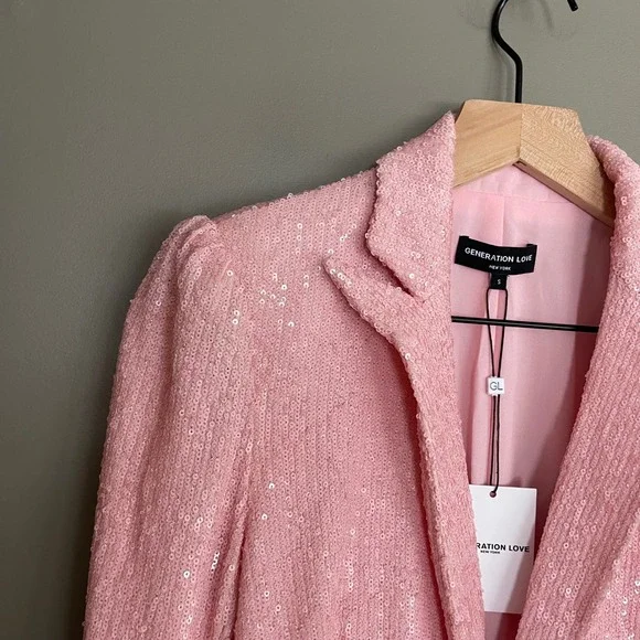 NWT GENERATION LOVE Serafina Sequin Blazer Light Pink Puff Sleeve Small Relaxed
